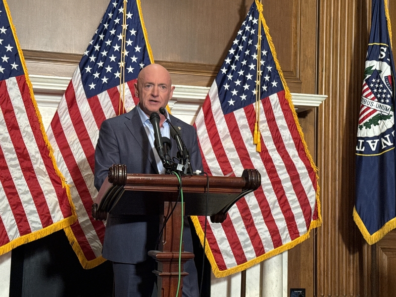 Arizona Democratic Sen. Mark Kelly speaks with reporters in the Mansfield Room of the U.S. Capitol building in Washington, D.C., on Monday, Dec. 1, 2025. (Photo by Jennifer Shutt/States Newsroom)