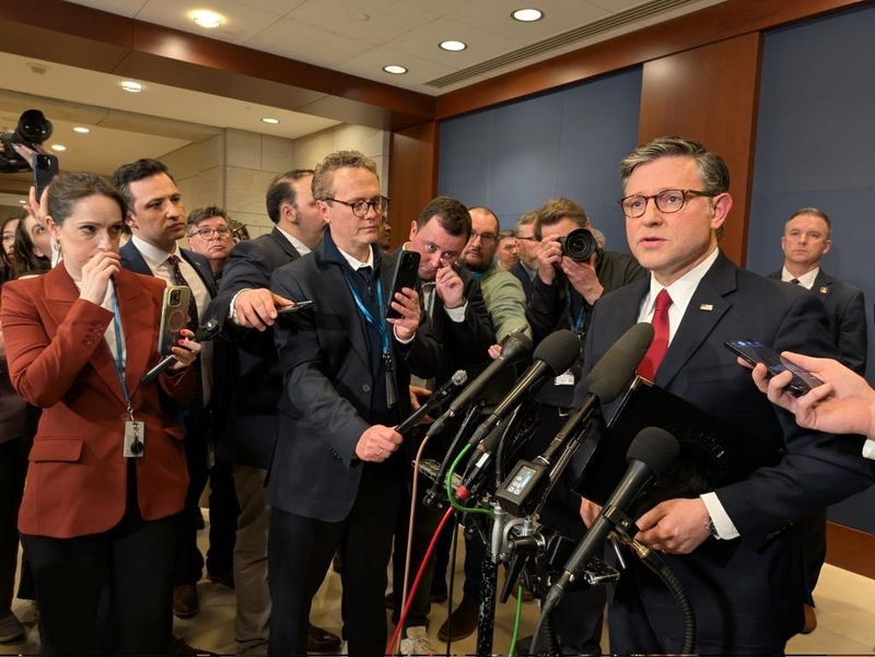 U.S. House Speaker Mike Johnson, R-La., speaks to reporters at the U.S. Capitol on March 3, 2026. (Photo by Ashley Murray/States Newsroom)