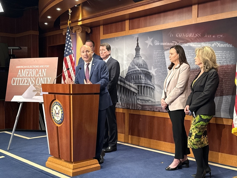 Utah Republican Sen. Mike Lee speaks during a U.S. Capitol press conference on a nationwide voter identification bill on Wednesday, March 18, 2026.  Also pictured, from left, are Republican Sens. Eric Schmitt of Missouri, Bill Hagerty of Tennessee, Ashley Moody of Florida and Marsha Blackburn of Tennessee. (Photo by Jennifer Shutt/States Newsroom)