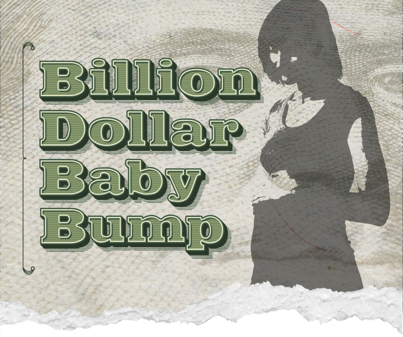 A pregnant person is holding their baby bump in the foreground, with a background of USD.