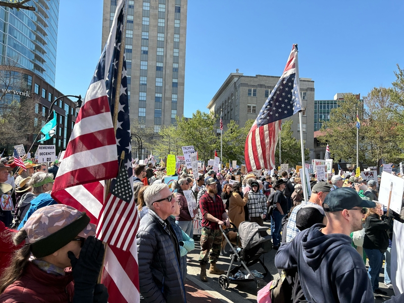 Several thousand No Kings demonstrators flooded into the downtown streets of Durham, North Carolina, waving everything from American and Ukrainian flags to a Soviet banner emblazoned with Trump’s face. (Photo by Brandon Kingdollar/NC Newsline)