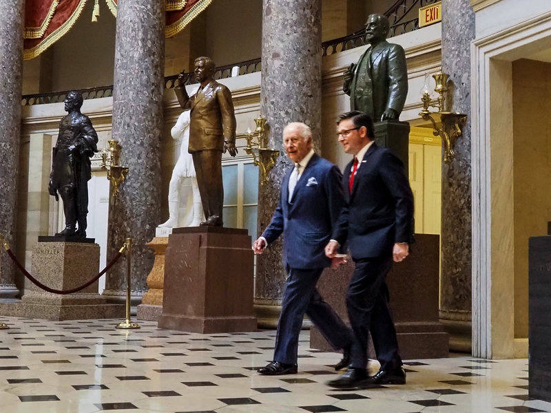 King Charles III and U.S. House Speaker Mike Johnson, R-La., walk through the U.S. Capitol on April 28, 2026, before Charles' address to Congress. (Photo by Ashley Murray/States Newsroom)
