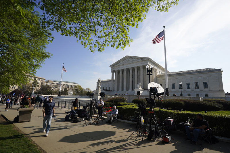 Members of the media set up outside the U.S. Supreme Court ahead of U.S. President Donald Trump's expected arrival on April 01, 2026 in Washington, DC. The Supreme Court is hearing oral arguments in Trump v. Barbara to determine if President Trump's executive order ending birthright citizenship is constitutional. According to historians and the Court, this is the first time a sitting president has attended oral arguments at the nation's highest court. (Photo by Al Drago/Getty Images)