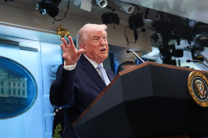 President Donald Trump speaks during a news conference in James S. Brady Press Briefing Room of the White House on April 06, 2026 in Washington, DC. President Trump spoke about the successful military mission to rescue a weapons systems officer whose F-15E Strike Eagle was shot down in Iran. (Photo by Anna Moneymaker/Getty Images)