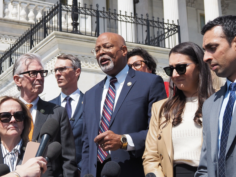 Rep. Glenn Ivey, D-Md., leads a press conference at the U.S. Capitol on Tuesday, April 9, 2026, surrounded by House Democrats who were speaking out against the U.S.-Israeli war in Iran. (Photo by Ashley Murray/States Newsroom)