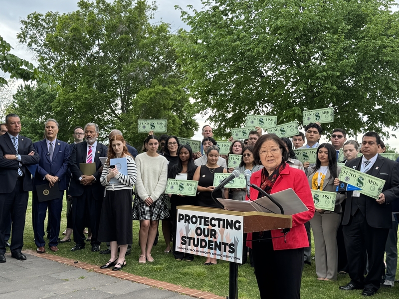 U.S. Sen. Mazie Hirono, a Hawaii Democrat, holds a press conference outside the U.S. Capitol in Washington, D.C., on April 22, 2026. (Photo by Shauneen Miranda/States Newsroom)