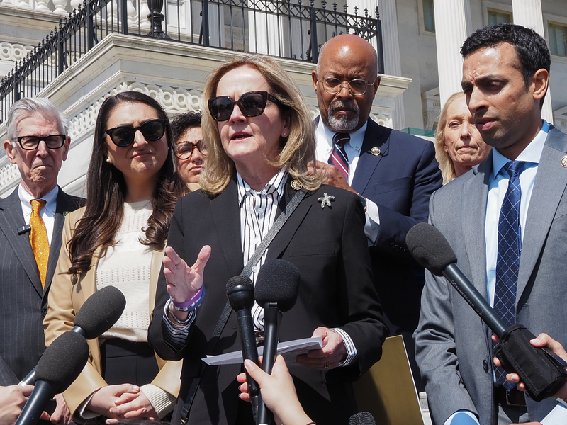 Rep. Madeleine Dean, D-Pa., speaks out about the Iran war outside the U.S. House of Representatives on Thursday, April 9, 2026. (Photo by Ashley Murray/States Newsroom)