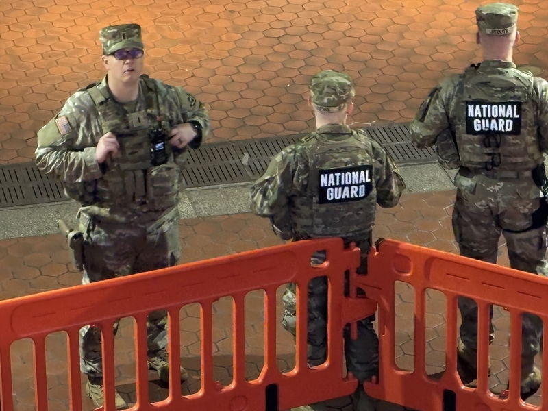 Members of the National Guard patrol the entrance to the Union Station stop on Washington’s Metro system, on March 25, 2026. President Donald Trump was appearing at an event at Union Station that night. (Photo by Jane Norman/States Newsroom)
