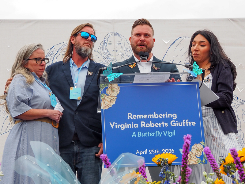 Lanette and Daniel Wilson, and Sky and Amanda Roberts, the brothers and sisters-in-law of the late Virginia Roberts Giuffre, speak at a memorial service in Washington, D.C., on April 25, 2026. (Photo by Ashley Murray/States Newsroom)