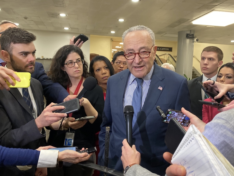 Senate Majority Leader Chuck Schumer talks to reporters at the U.S. Capitol on Feb. 7 ,2024. (Photo by Jennifer Shutt/States Newsroom)