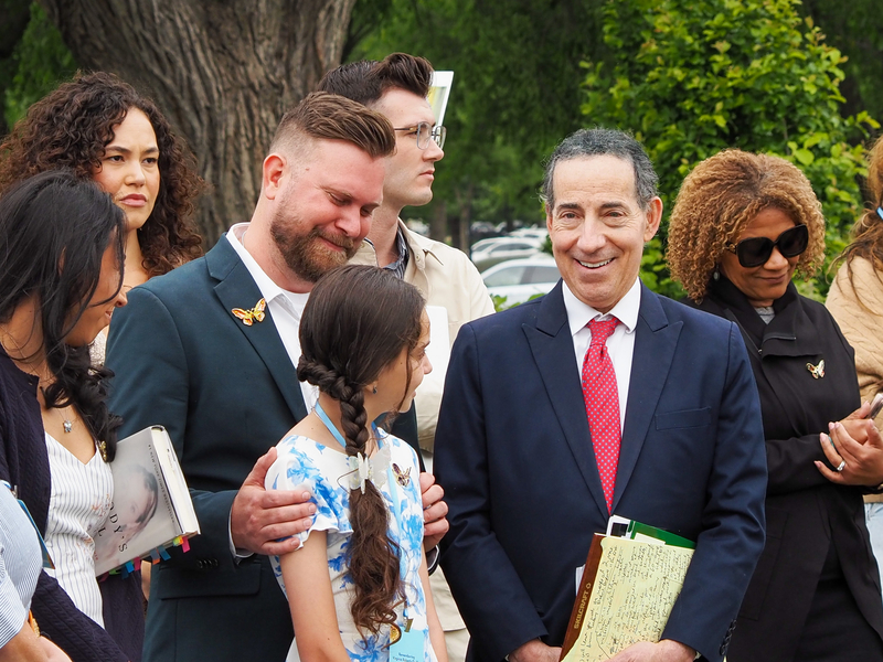 Sky Roberts, brother of the late Virginia Roberts Giuffre, talks with U.S. Rep. Jamie Raskin, D-Md., in Washington, D.C., on Saturday, April 25, 2026. (Photo by Ashley Murray/States Newsroom)