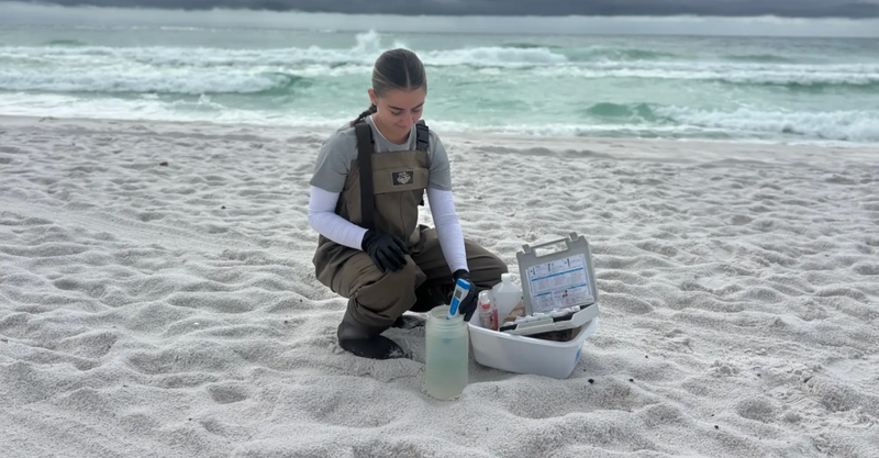 Natalie Larsen, a member of the Vibrio surveillance research team, gathers seawaters samples from Florida’s Pensacola Beach to test for vulnificus and other bacteria. Courtesy of Natalie Larsen