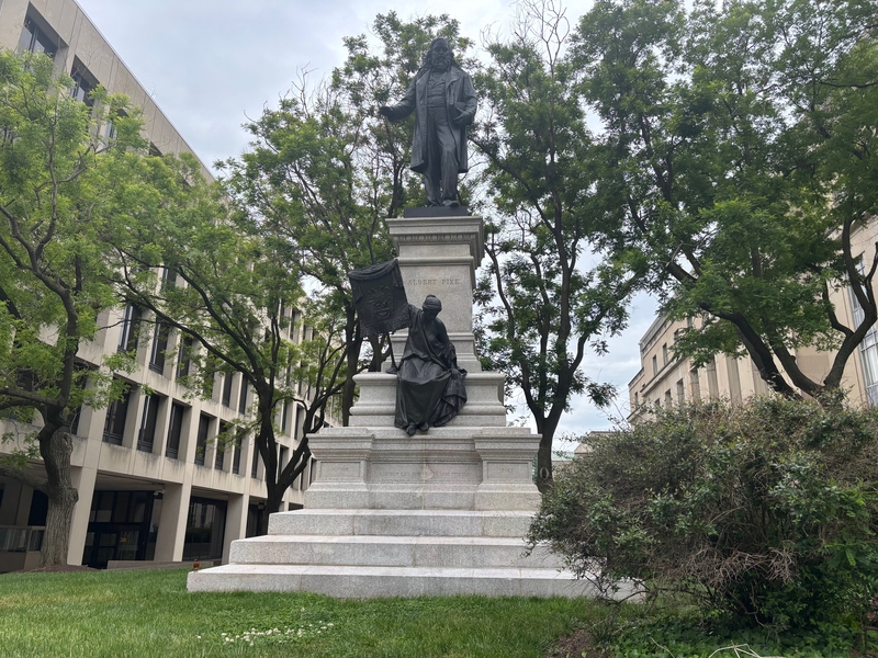 A statue of Albert Pike, the only public sculpture in Washington, D.C., to commemorate a Confederate general, was toppled and burned during George Floyd protests in 2020. President Donald Trump had it restored and placed at this location about four blocks from the U.S. Capitol. (Photo by David Lightman/States Newsroom)
