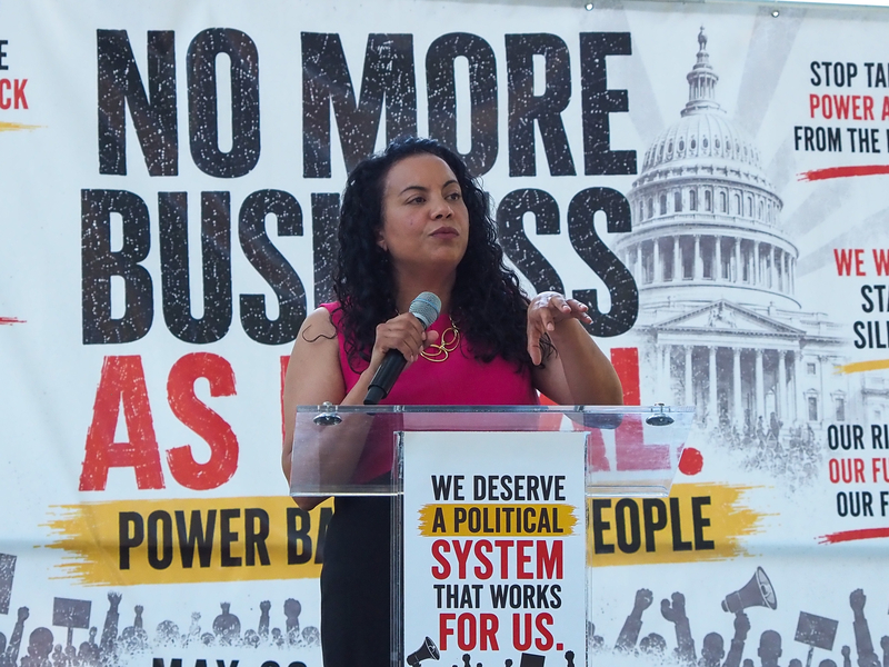U.S. Rep. Analilia Mejia, D-N.J., spoke at a United for Democracy rally on Capitol Hill on Wednesday, May 20, 2026, against the U.S. Supreme Court's recent decision to strike down part of the Voting Rights Act. (Photo by Ashley Murray/States Newsroom)