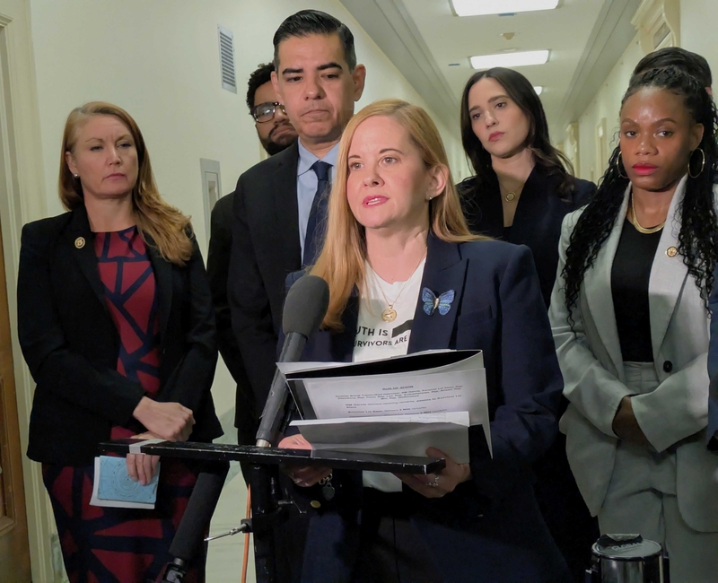 Liz Stein, a sexual abuse survivor advocate who has gone public about abuse by the late Jeffrey Epstein, spoke surrounded by U.S. House Oversight Committee Democrats on Friday, May 29, 2026, in the Rayburn House Office Buildin in Washington, D.C. (Photo by Ashley Murray/States Newsroom)