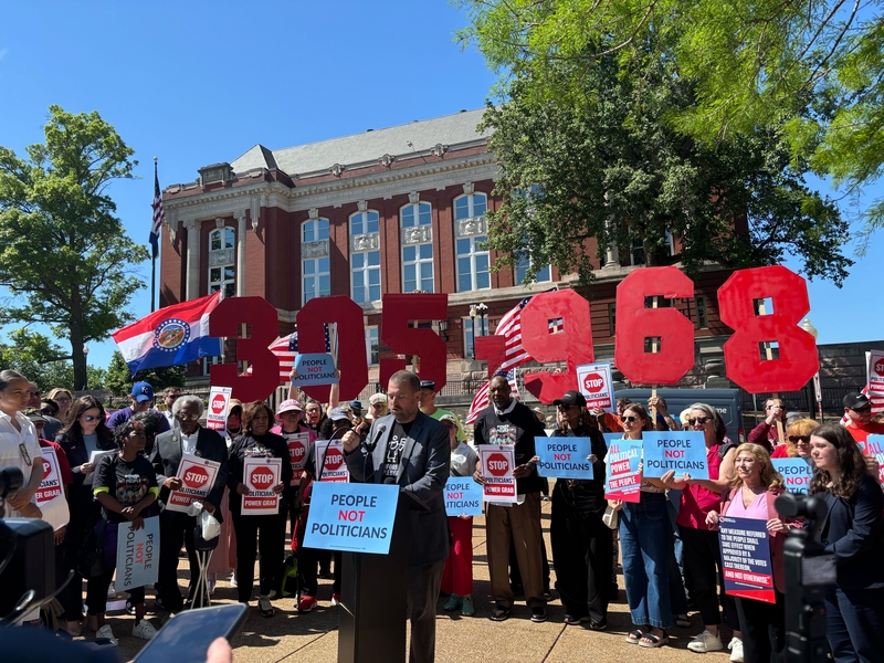 Demonstrators rallied outside the Missouri Supreme Court on Tuesday as judges weigh challenges to a GOP-supported congressional map.