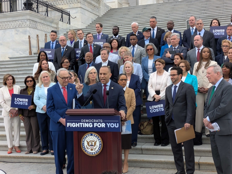 U.S. House Minority Leader Hakeem Jeffries, D-N.Y., speaks at a press conference with other Democrats about Republicans’ immigration enforcement bill. (Photo by Ashley Murray/States Newsroom)