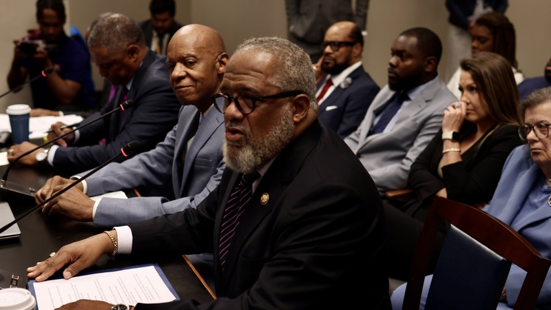 U.S. Rep. Troy Carter, D-New Orleans testifies Friday, May 8, 2026, before the state Senate and Governmental Affairs Committee that is considered proposals to update the state’s congressional districts. hearing. Seated to Carter’s right are former Congressmen Bill Jefferson and Cedric Richmond. U.S. Rep Cleo Fields is obscured, sitting to Richmond’s right. (Photo by Wes Muller/Louisiana Illuminator)