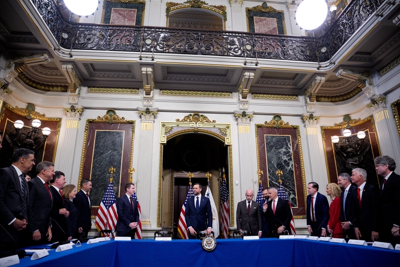 Vice President JD Vance, center, arrives at a roundtable anti-fraud meeting with Republican attorneys general in the Eisenhower Executive Office Building on the White House campus on May 26, 2026 in Washington, D.C. (Photo by Andrew Harnik/Getty Images)