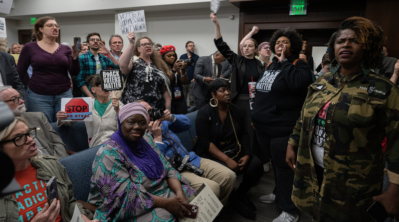 A crowd fills the Senate State and Local Government Committee meeting on Wednesday to protest against legislative maps that split Memphis from one into three districts.
