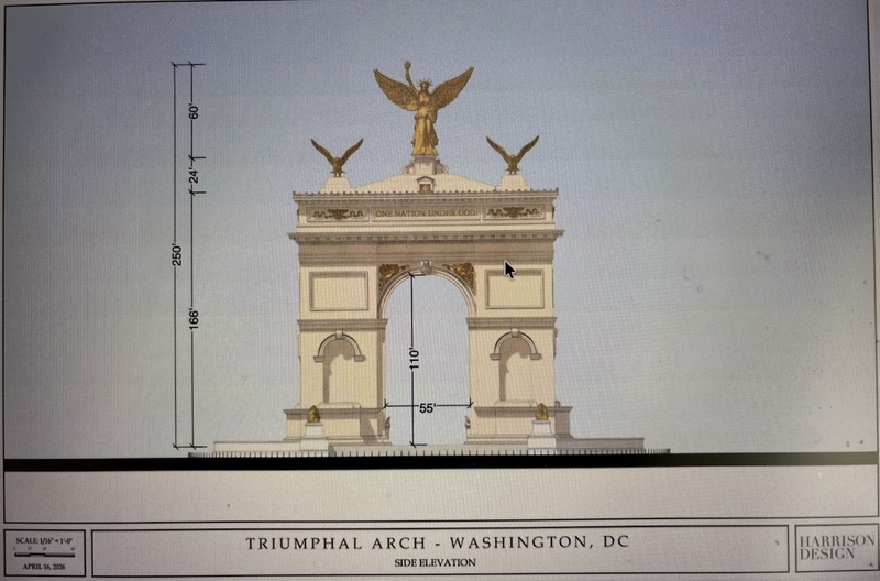 An artist's rendering of the proposed Monumental Arch President Donald Trump wants to build at the traffic circle at the entrance to Arlington National Cemetery on the Virginia side of the Potomac River. (Drawing courtesy Commission of Fine Arts)