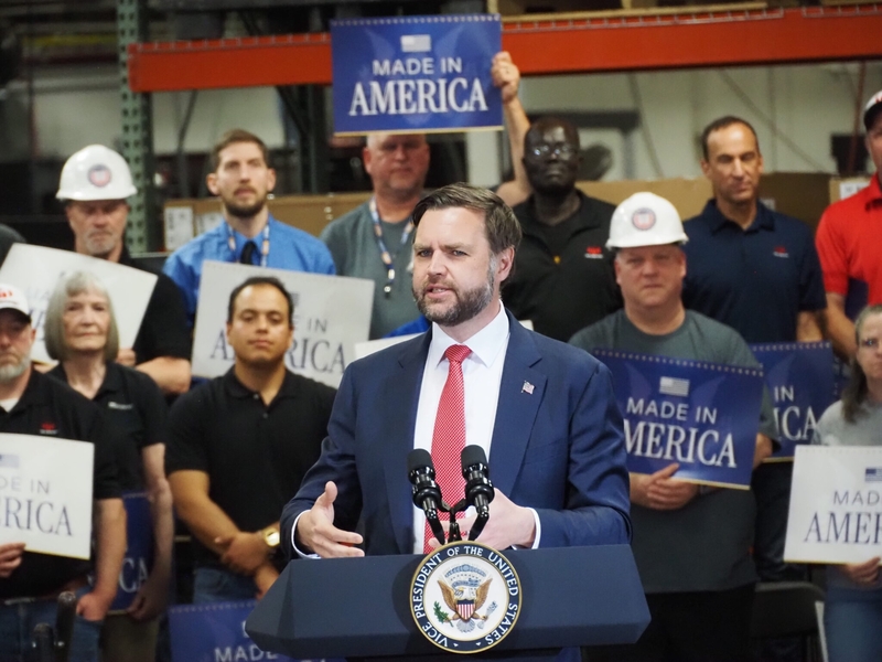 Vice President JD Vance spoke May 18, 2026, about the importance of bringing manufacturing jobs back to the United States at the Milbank Manufacturing company in Kansas City, Missouri. (Photo by Morgan Chilson/Kansas Reflector)