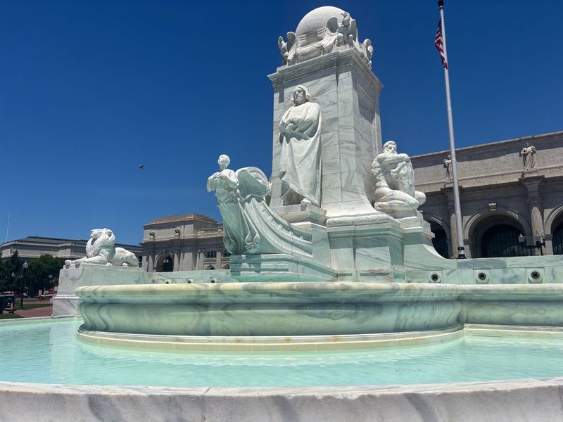 The Christopher Columbus Memorial Fountain outside of Union Station in Washington, D.C., on June 16, 2026. The Columbus Circle fountain is one of nine ornamental fountains in Washington, D.C. that have recently undergone improvements reportedly funded in part by National Park Service fees. (Photo by Amelia Twyman/States Newsroom)