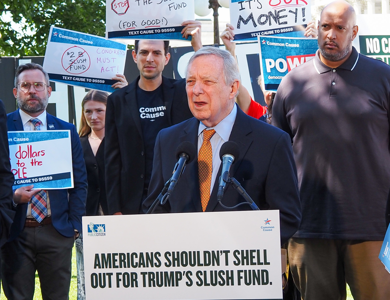 U.S. Sen. Dick Durbin, D-Ill., and former U.S. Capitol Police officer Harry Dunn, on the right, at a press conference opposing the Trump administration's $1.776 billion "anti-weaponization" fund on Capitol Hill on Tuesday, June 2, 2026. (Photo by Ashley Murray/States Newsroom)