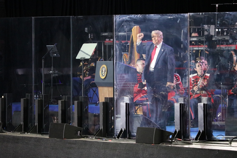 President Donald Trump pumps his fist to the crowd after his remarks during the Freedom 250 kick-off celebration on June 24, 2026. (Sam Gauntt/States Newsroom)