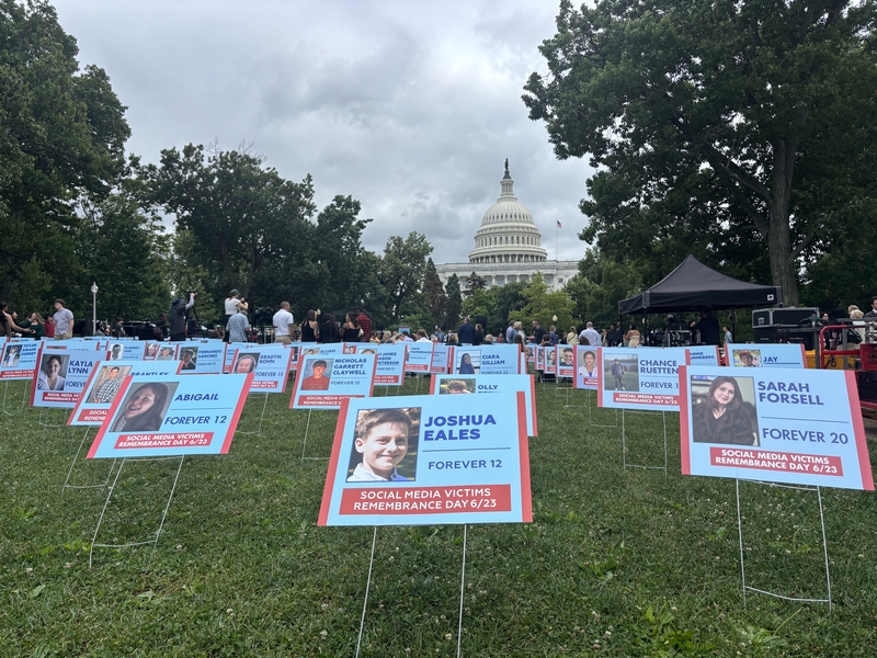 Placards for hundreds of children and young adults who lost their lives to social media-related harms line the Upper Senate Park lawn outside of the U.S. Capitol on June 23, 2026. The display was part of a larger event held in honor of Social Media Victims Remembrance Day. (Photo by Amelia Twyman/States Newsroom)