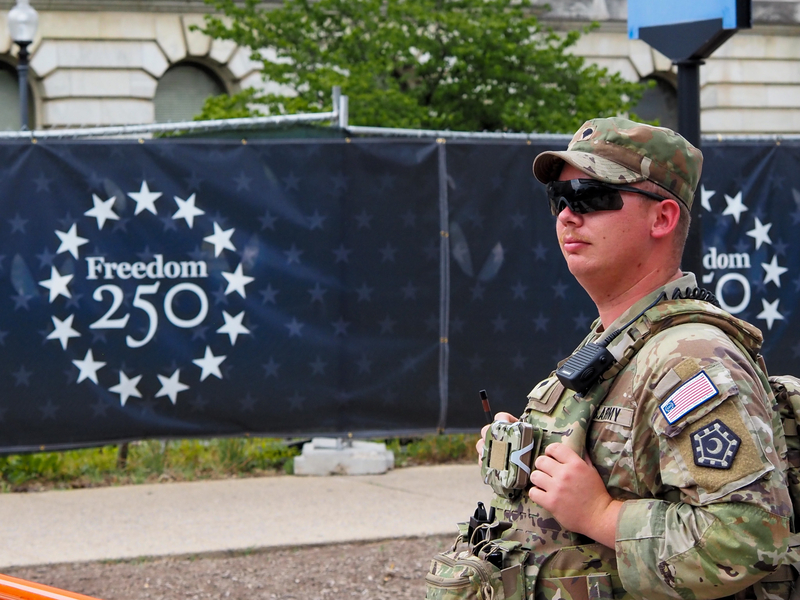 A National Guard member stands along the National Mall on Independence Avenue and 12th Street SW on Monday, June 22, 2026, (Photo by Ashley Murray/States Newsroom)