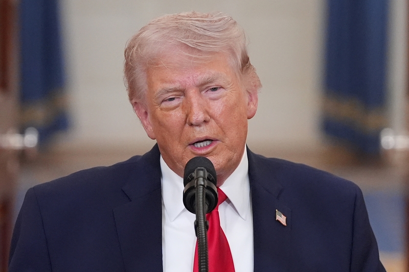 U.S. President Donald Trump speaks from the Cross Hall of the White House on April 1, 2026 in Washington, D.C.  (Photo by Alex Brandon-Pool/Getty Images)