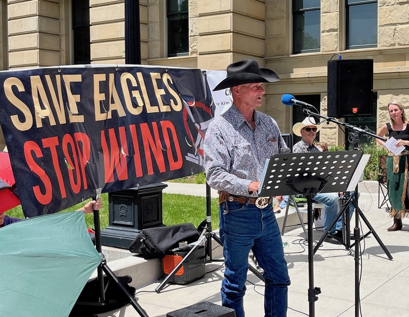 Wyoming rancher Bobby Giesse speaks at the Wyoming Wind Wall rally June 4, 2026, in Cheyenne. (Dustin Bleizeffer/WyoFile) Credit: Dustin Bleizeffer