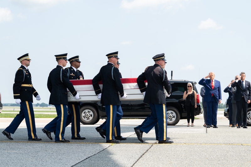 Soldiers at Dover Air Force Base in Delaware carry Army 1st Lt. Tyler James Feehan, who died July 18, 2026, from injuries suffered during an enemy attack on July 17, 2026, at Muwaffaq Salti Air Base, Jordan, on July 22, 2026. (Photo by Jason Minto/U.S. Air Force)
