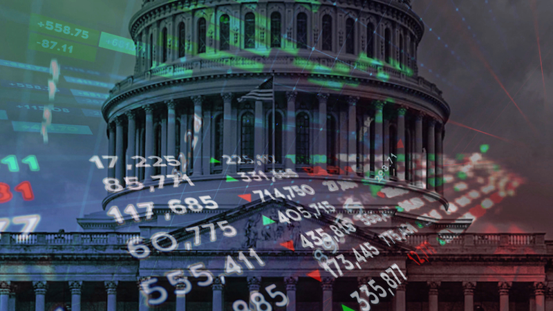 A photo illustration shows stock tickers overlaid on the U.S. Capitol