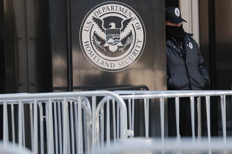 Security stands outside ICE headquarters while the Congressional Hispanic Caucus rallies on Feb. 3, 2026 in Washington, D.C. (Photo by Heather Diehl/Getty Images)