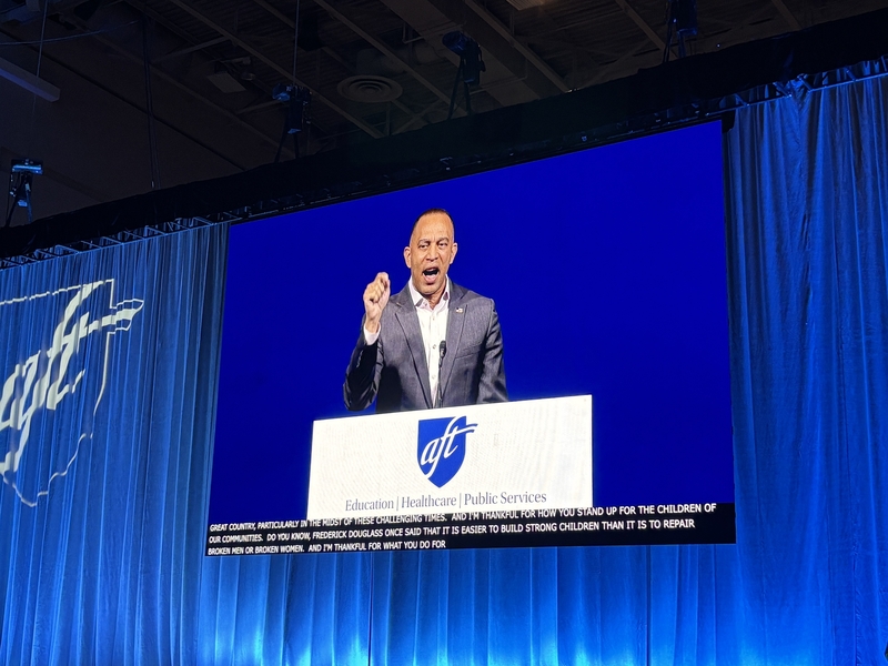 U.S. House Democratic Leader Hakeem Jeffries speaks at the American Federation of Teachers national convention in Washington, D.C., on July 16, 2026. (Photo by Amelia Twyman/States Newsroom)