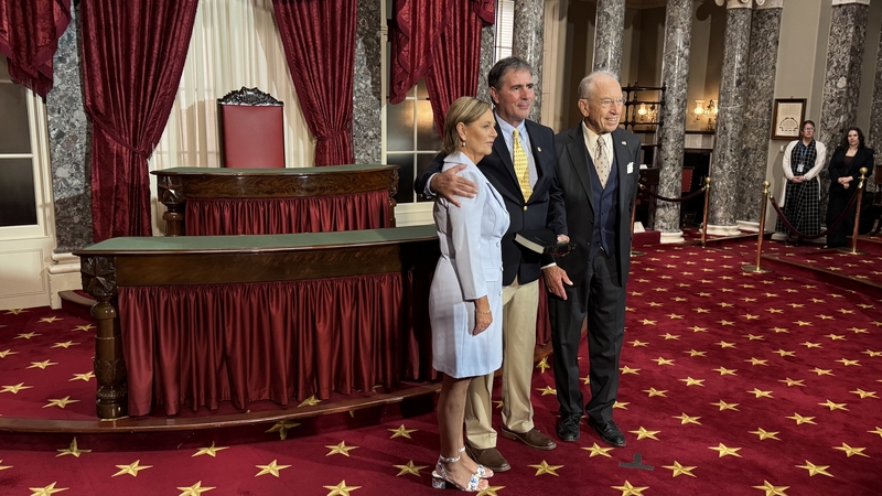 Darline Graham, left, South Carolina's interim U.S. senator, participates in a reenactment of her swearing-in at the U.S. Capitol on July 14, 2026, alongside her husband, Larry Nordone, and Iowa GOP Sen. Chuck Grassley, president pro tempore of the Senate. (Photo by Shauneen Miranda/States Newsroom
