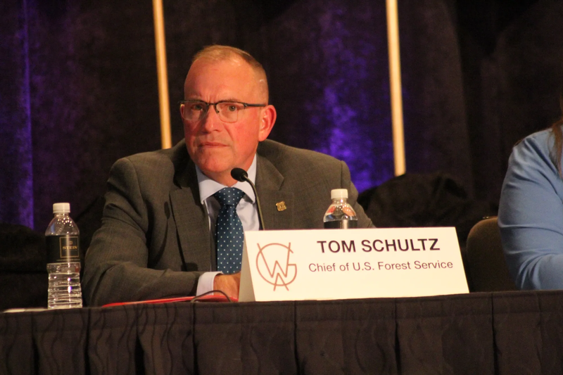 U.S. Forest Service Chief Tom Schultz discusses resource sharing with states at the Western Governors’ Association conference on June 30, 2026 in Park City, Utah. (Mike Koshmrl/WyoFile)