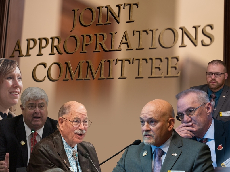 Rep. Trey Sherwood, D-Laramie, and Sens. Ogden Driskill, R-Devils Tower, and Mike Gierau, D-Jackson, voted against efforts to defund and dismantle the Wyoming Business Council in Jan. 2026 in Cheyenne. Reps. John Bear, R-Gillette, Ken Pendergraft, R-Sheridan, and Jeremy Haroldson, R-Wheatland, argued in favor of the measures. (Photo illustration by Tennessee Watson/WyoFile)