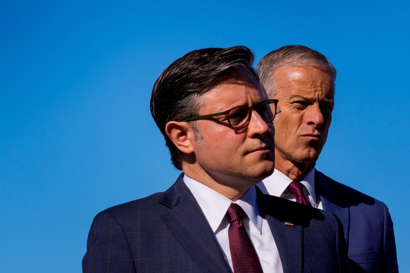 Republicans in Congress are quarreling on social media and rebelling on the House floor as they try to pass legislation prior to the November midterm elections and keep their majority. In this photo,  Speaker of the House Mike Johnson, R-La., left,  and Senate Majority Leader John Thune, R-S.D., appear at a news conference on the Upper West Terrace of U.S. Capitol Building on Oct. 1, 2025. (Photo by Andrew Harnik/Getty Images)