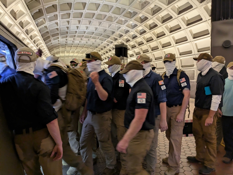 Dozens of Patriot Front members boarded the Metro at the Eastern Market station in Washington, D.C., on Saturday, July 4, 2026. (Photo by Ashley Murray/States Newsroom)