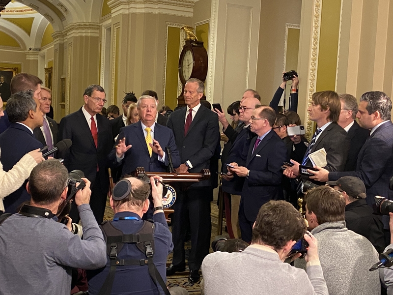 Senate Budget Committee Chairman Lindsey Graham, R-S.C., speaks to reporters during a press conference inside the U.S. Capitol on Tuesday, Feb. 11, 2025. (Photo by Jennifer Shutt/States Newsroom)
