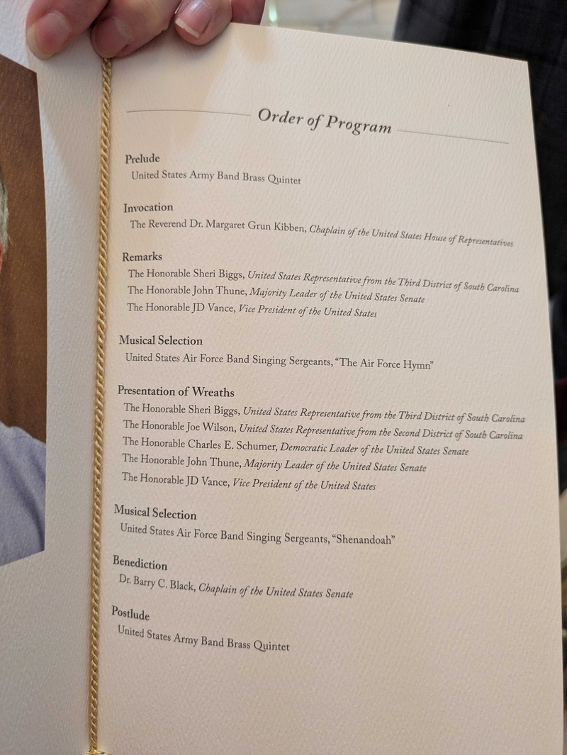 The program for the service for the late Sen. Lindsey Graham, R-S.C., at the U.S. Capitol on Tuesday, July 28, 2026. (Photo by Ashley Murray/States Newsroom)