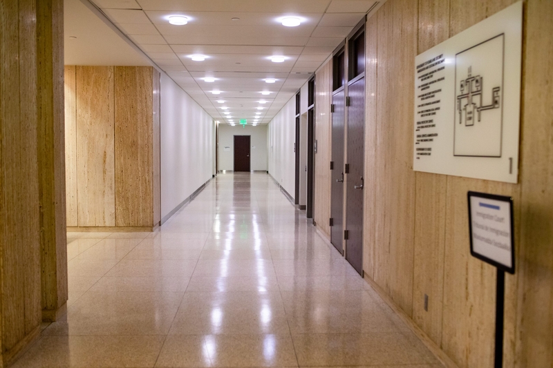 The hallway to immigration court in the Henry Whipple Federal Building in Minneapolis Thursday, April 9, 2026. (Photo by Nicole Neri/Minnesota Reformer)