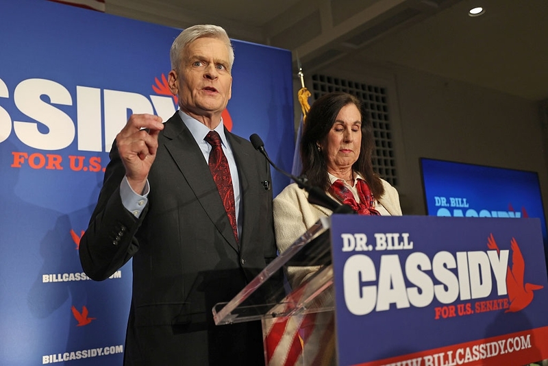 U.S. Sen. Bill Cassidy, with his wife Dr. Laura Cassidy by his side, addresses his supporters as he concedes his primary election contest during an event at Boudreaux’s Caterers on May 16, 2026, in Baton Rouge. (Photo by Michael DeMocker/Getty Images)