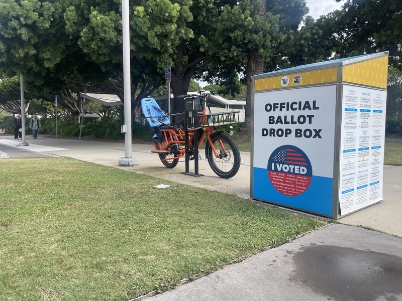 A ballot drop box sits outside the library at Virginia Avenue Park in Santa Monica, California on July 14, 2026. (Photo by Greg LaRose/Louisiana Illuminator)