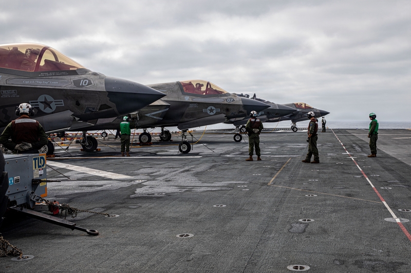 F-35B Lighting II’s prepare to take off from the flight deck of Wasp-class amphibious assault ship USS Makin Island (LHD 8) in the Pacific Ocean on July 28, 2026. (Photo by Mass Communication Specialist Seaman Apprentice Tomas Zuelke/U.S. Navy)