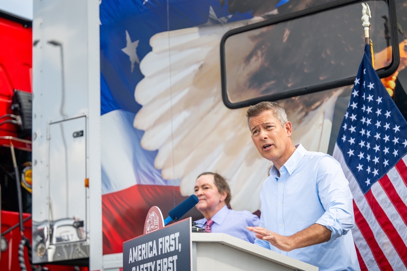 AUSTIN, TEXAS - MAY 20: U.S. Transportation Secretary Sean Duffy speaks during a news conference on May 20, 2025 in Austin, Texas. Secretary Duffy attended the news conference where he signed a bill officially rescinding a 2016 policy that removed the requirement to place drivers out-of-service for English Language Proficiency (ELP) violations. (Photo by Brandon Bell/Getty Images)