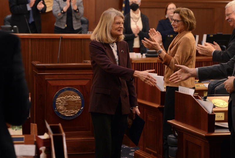 Sen. Lisa Murkowski, R-Alaska, said on Aug. 7, 2026, she will oppose the nomination of Todd Blanche as U.S. attorney general. In this photo, she shakes hands with members of the Alaska Legislature on Feb. 15, 2024, following her annual address in the state Capitol. (Photo by James Brooks/Alaska Beacon)